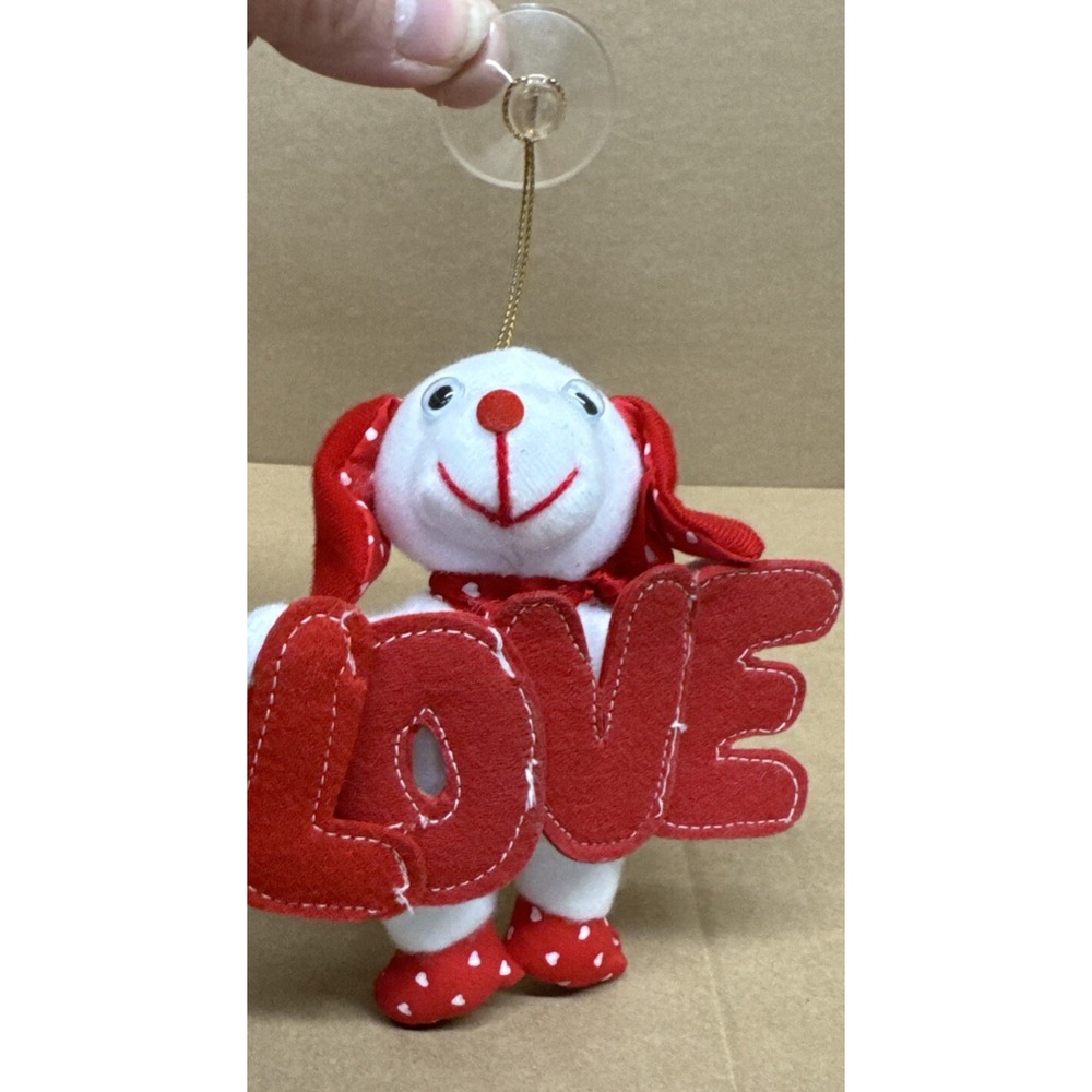 Valentines Day Plush Window Cling White Dog with Hearts LOVE small 4.5" Vintage